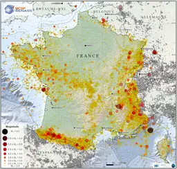 Carte représentant la sismicité instrumentale de la France hexagonale de 1962 à 2021.